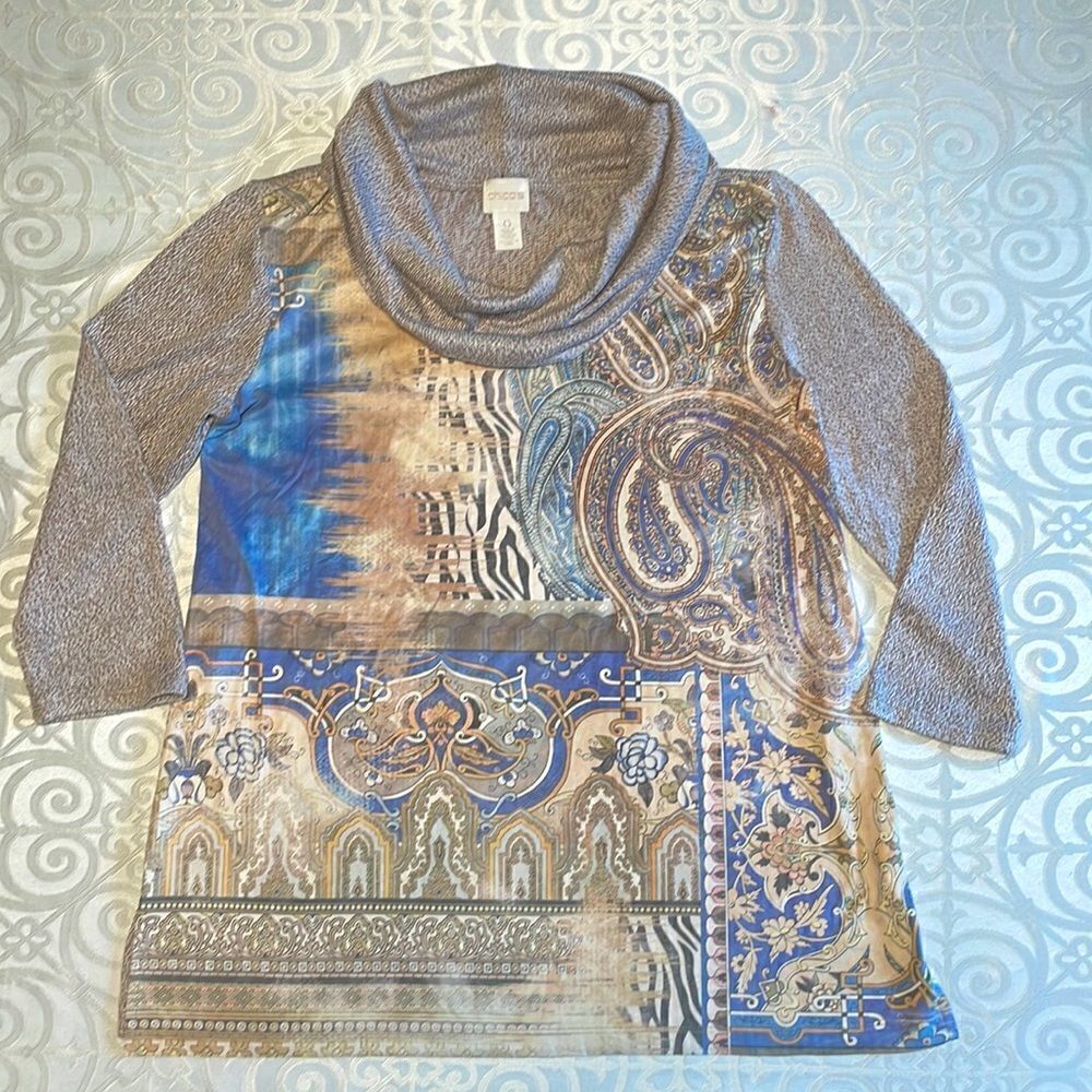 Chico’s soft tan & blue print front long sleeve cowl neck sweater tunic S